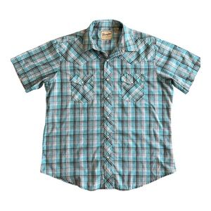 Wrangler Short Sleeve Aqua Blue Plaid Shirt Size XL Men